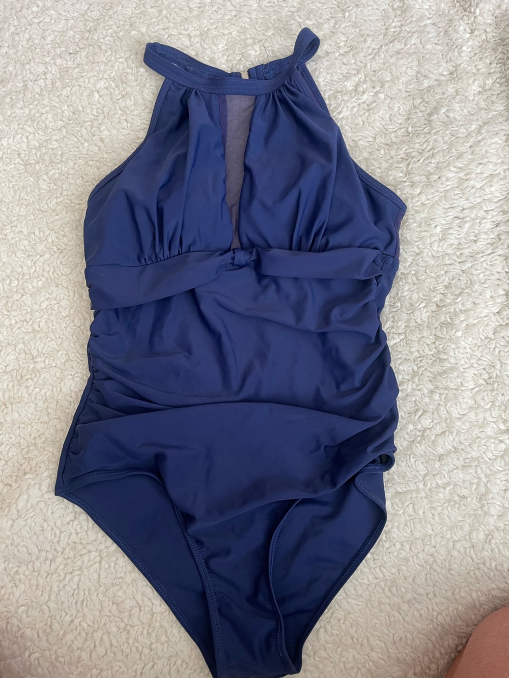 Navy Blue Ruched Mesh One Piece Swimsuit Medium